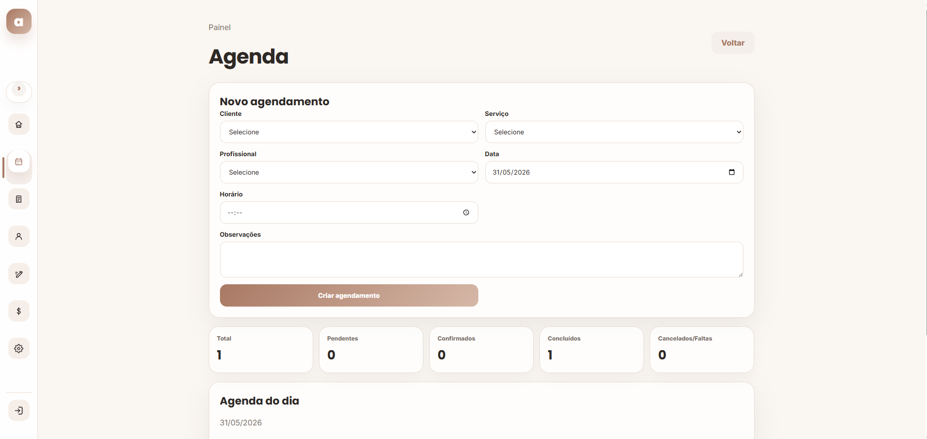 Dashboard e agenda do AtendeBeleza