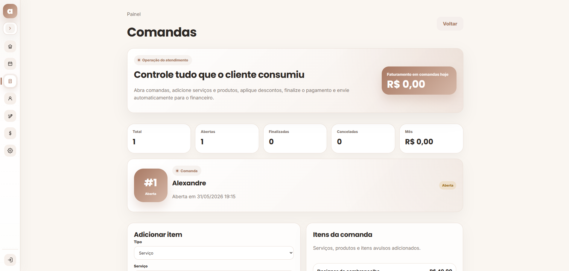 Tela de comandas do AtendeBeleza