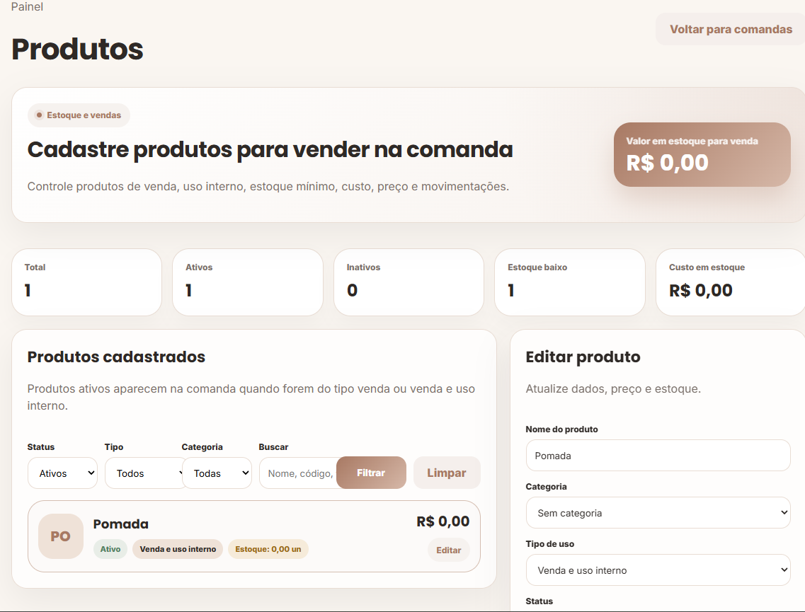 Tela de produtos e estoque do AtendeBeleza